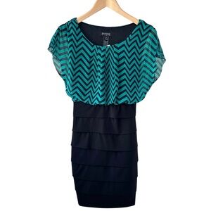 Chevron Colorblock Dress Size 6 Black Green Short Sleeve Pencil Evening Office